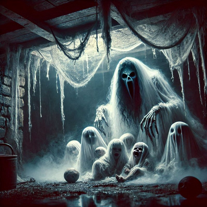 Spooky ghost coven with tall screaming wraith emerges from mist in a cobweb-covered haunted basement