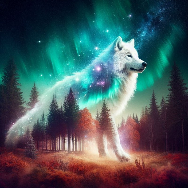 Majestic ethereal white cosmic wolf stands in an autumn pine forest under glowing green northern lights and starry sky
