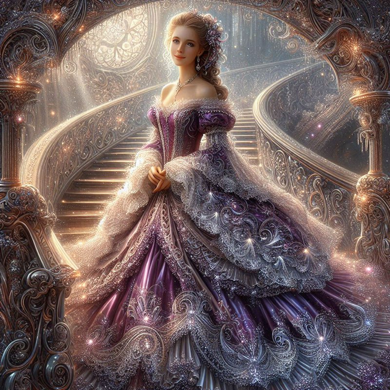 Fairytale princess in an ornate purple lace ball gown stands on a glowing filigree spiral palace ...