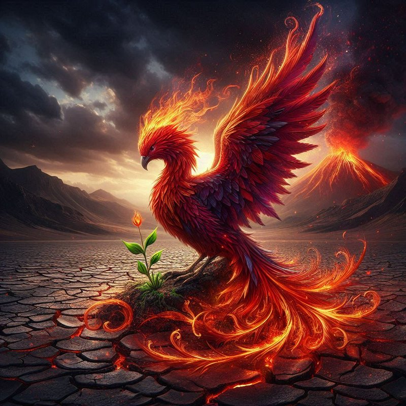 Fiery feathered phoenix perches beside a sprouting flame-flower on cracked lava-veined wasteland ...