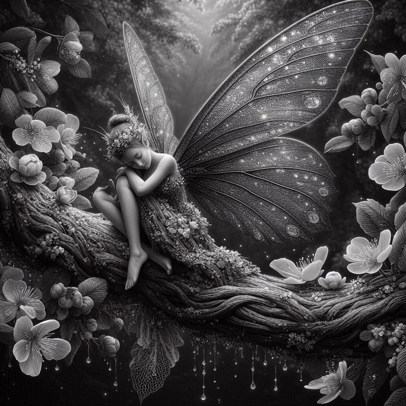 Monochrome fantasy art of a sleeping fairy with glittering gossamer wings perched on a flower-cov...