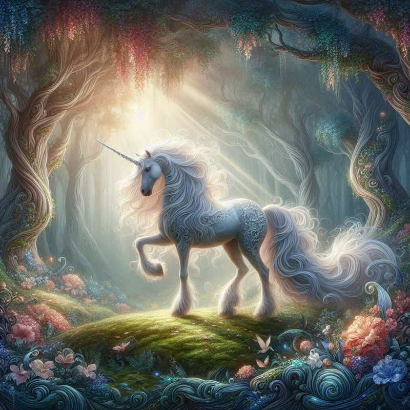 Ethereal patterned pale unicorn stands in a golden sunbeam in an enchanted whimsical fantasy forest
