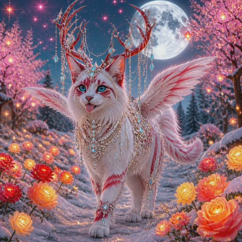Mythical fluffy winged cat hybrid with jeweled antlers stands in a glowing moonlit enchanted wint...
