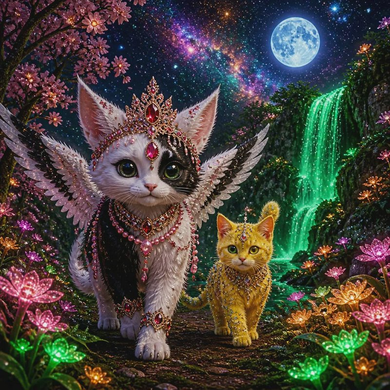 Winged jeweled royal fantasy cat and tiny golden kitten stand in glowing enchanted forest under f...