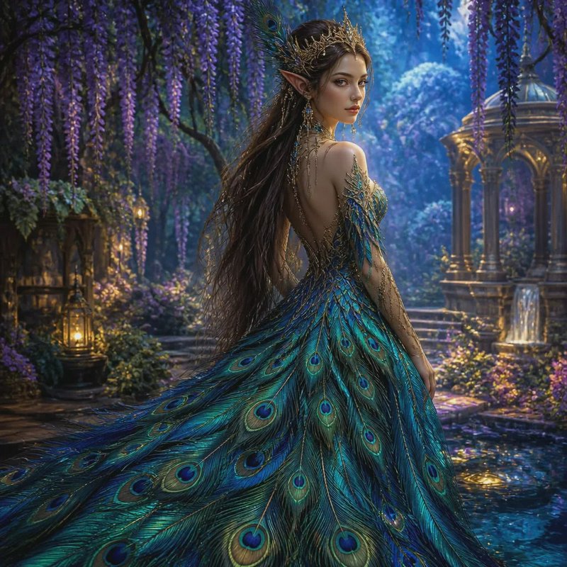 Regal elven queen in an iridescent peacock feather gown glances over her shoulder in a glowing en...