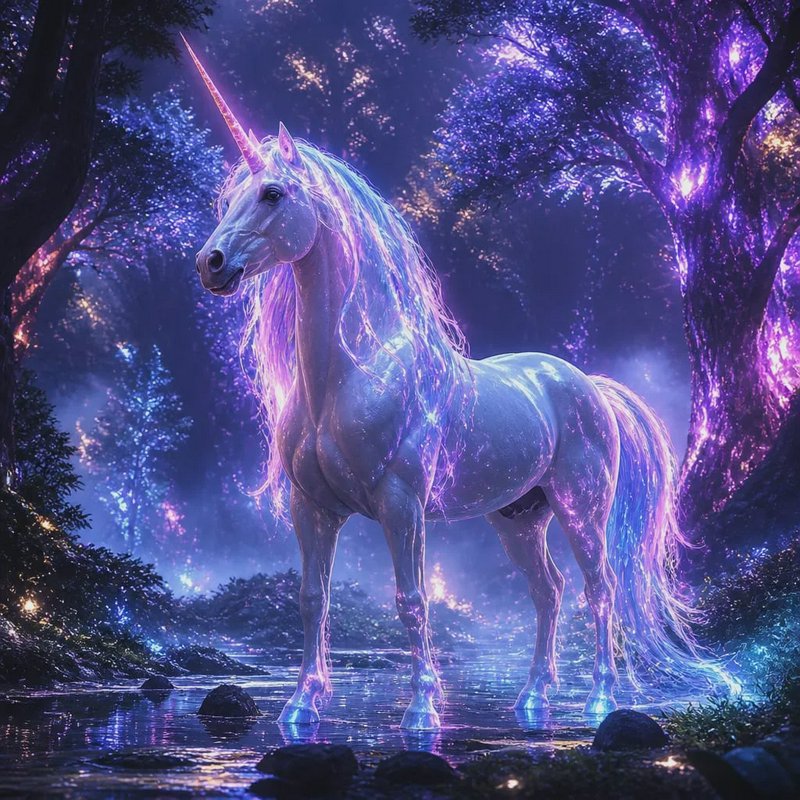 Luminous iridescent unicorn stands in shallow stream within a glowing bioluminescent enchanted pu...