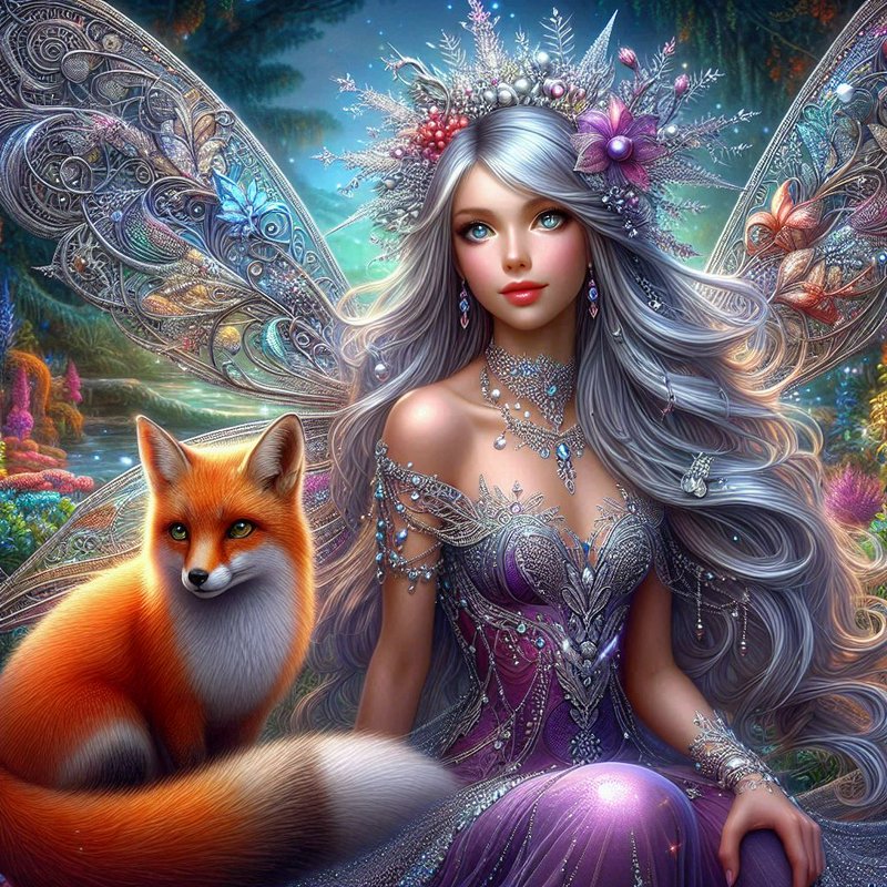Regal silver-haired fairy queen with ornate jeweled wings sits beside a gentle red fox in a glowi...