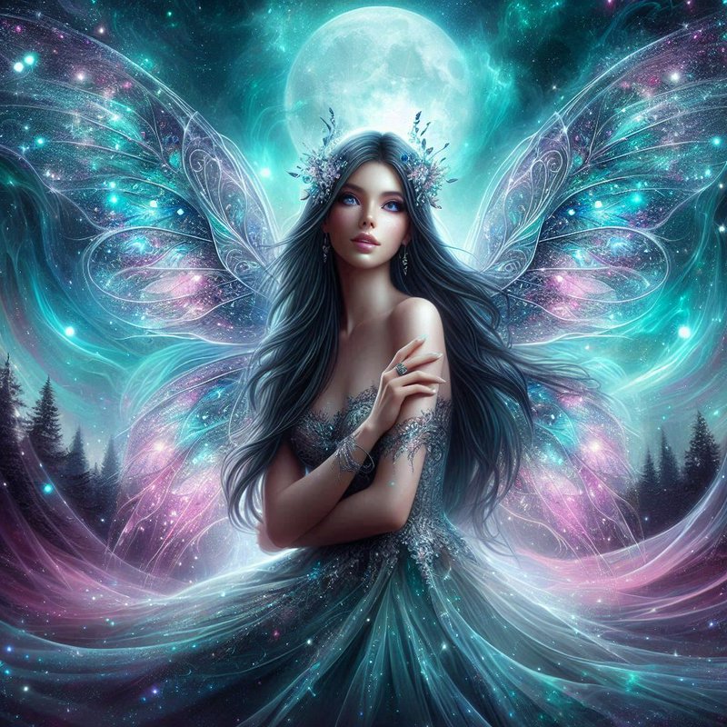 Ethereal fairy queen with glittering iridescent wings stands beneath a bright full moon in a magi...