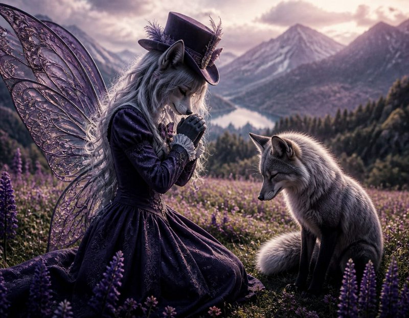 Anthropomorphic fox fairy kneels in prayer beside a silver wolf in a purple wildflower mountain m...
