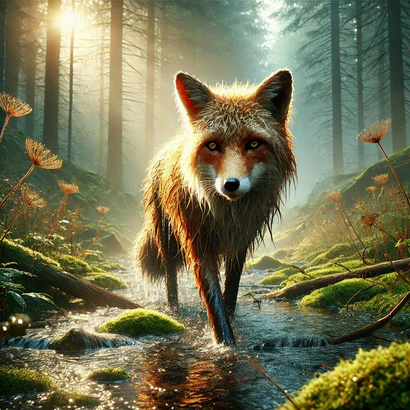 Wet red fox walks toward the viewer through a sunlit shallow stream in a misty pine forest at gol...