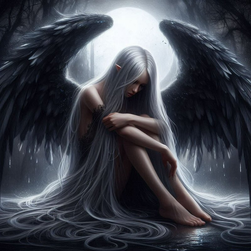 Melancholic dark winged elf angel sits bowed beneath a glowing full moon in a misty rainy dark fo...