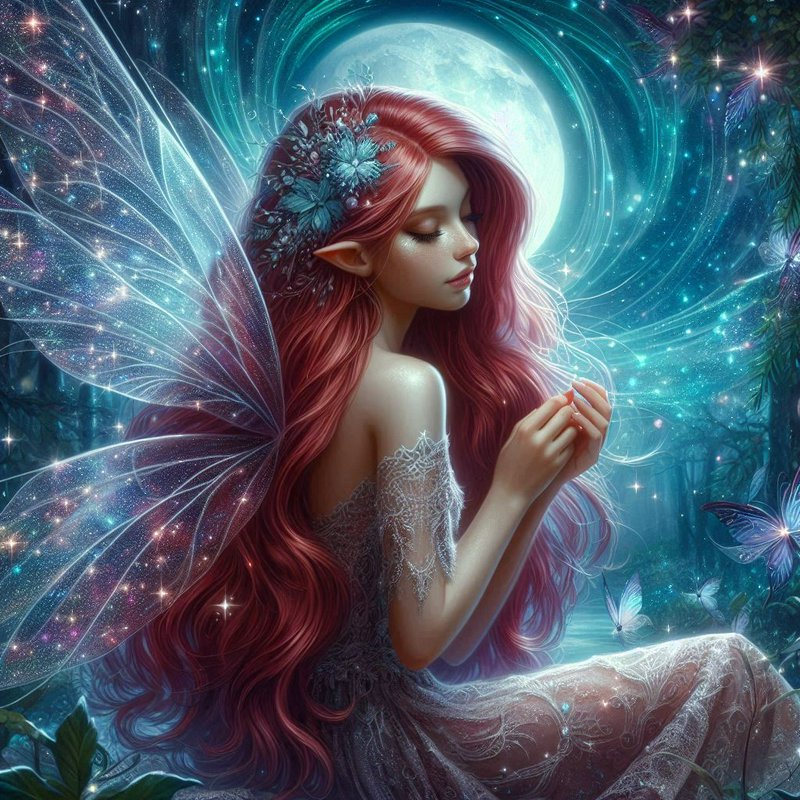 Serene red-haired fairy with glittering gossamer wings sits peacefully beneath a glowing full moo...