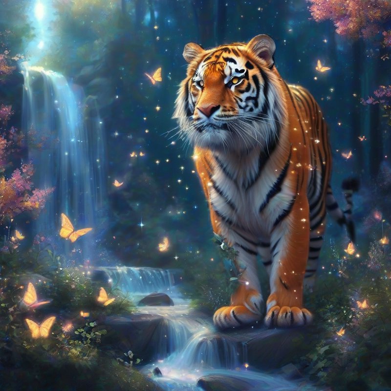 Enchanted orange striped tiger stands on stream rocks beside glowing butterflies and cascading fa...