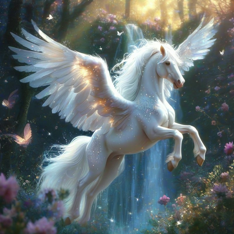 Majestic glowing white pegasus with feathered wings rears in an enchanted sunlit forest with wate...