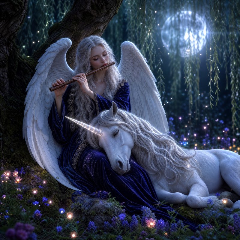 Serene white winged angel plays flute while a glowing white unicorn rests on her lap in a moonlit...