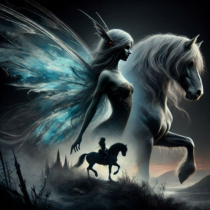 Ethereal winged faerie and giant spectral stallion loom over silhouetted rider on misty twilight ...