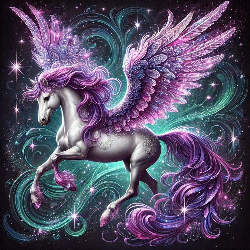 Graceful winged pegasus unicorn with purple mane, ornate pink feathered wings, posed against a sw...