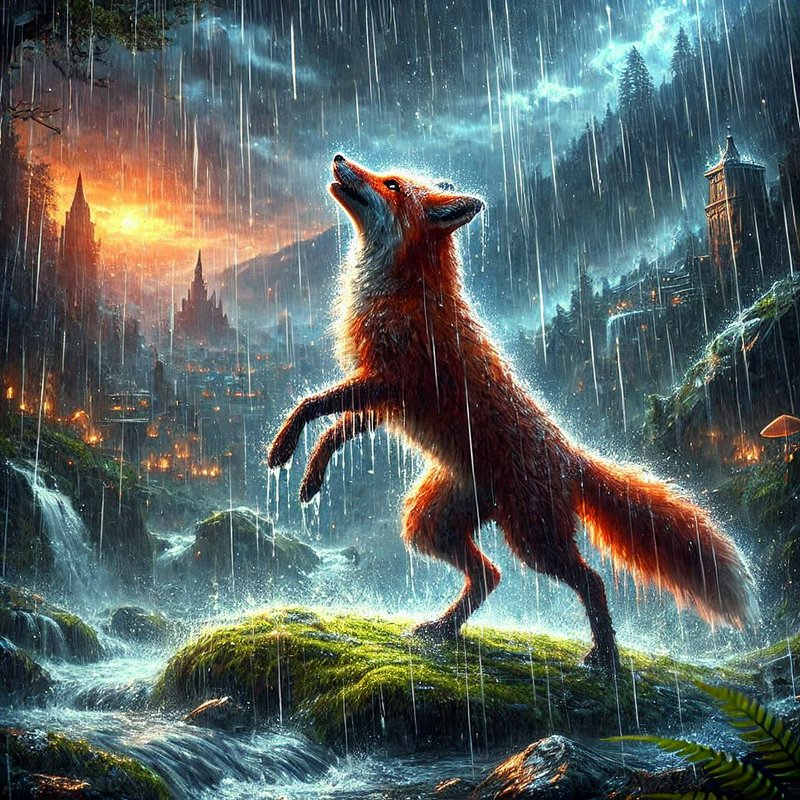 Red fox standing on hind legs on a mossy rock, looking up at falling rain in a stormy fantasy cas...