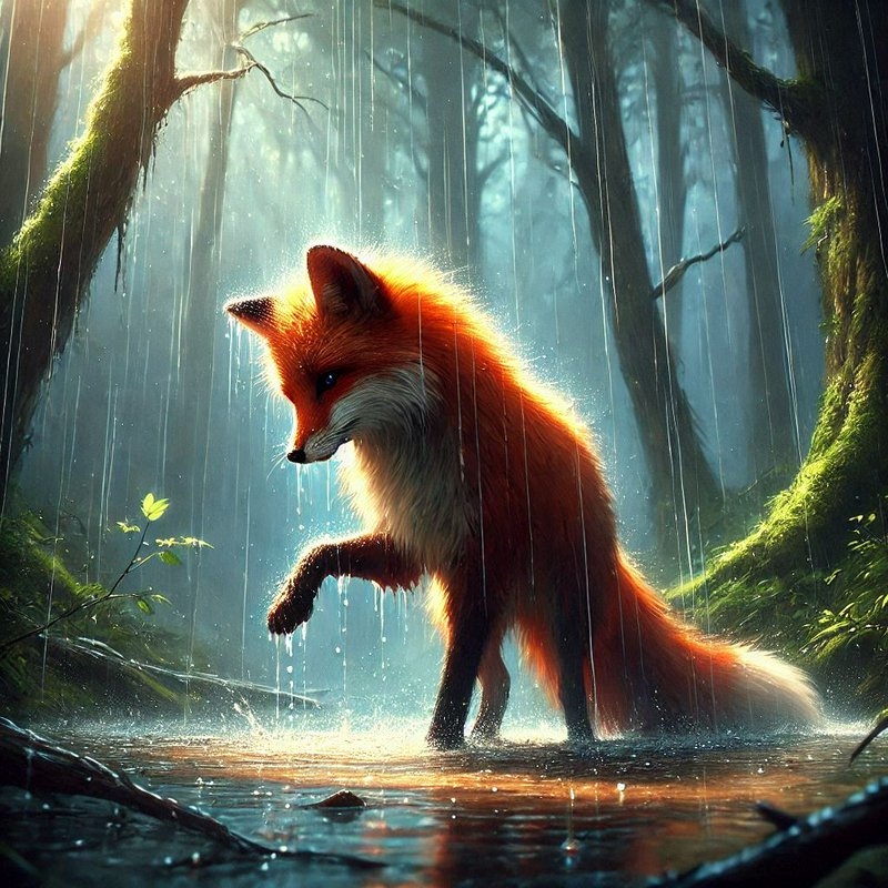 Glowing red fox lifts a paw while standing in a rain-soaked forest stream, backlit by sunbeams th...