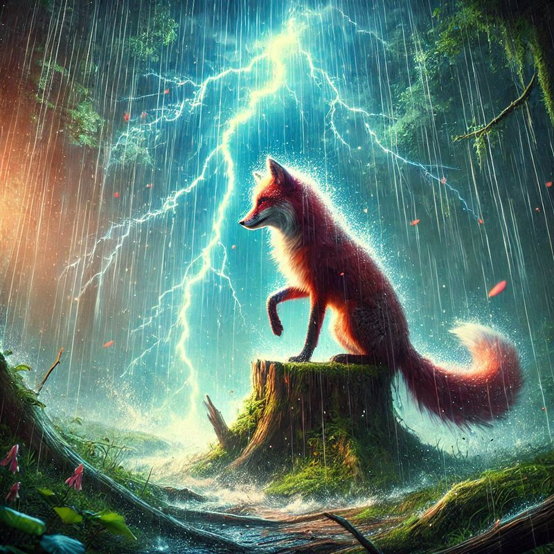 Glowing mystical red fox perches on a mossy tree stump as lightning illuminates a rainy enchanted...