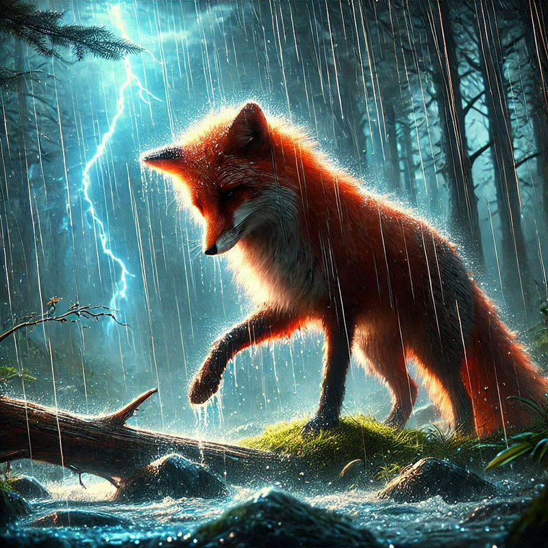 Red fox standing on mossy forest bank as lightning illuminates a rainy, stormy woodland scene