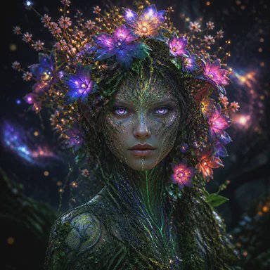 Close-up portrait of a mystical dryad with glowing purple eyes, luminous flower crown, and textur...