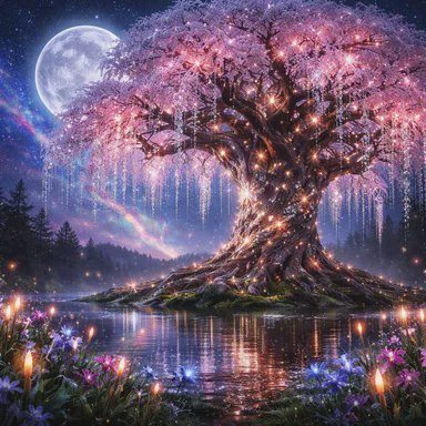 Giant glowing enchanted pink cherry blossom tree by a lake under a bright full moon starry night sky