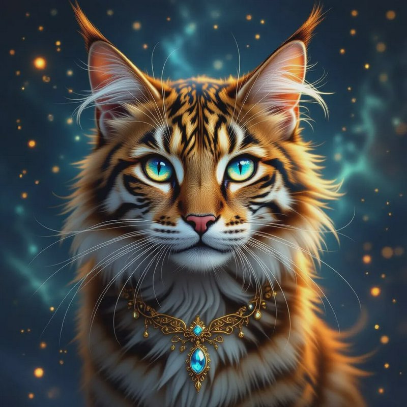 Regal fantasy long-haired tabby cat with glowing teal eyes wears an ornate gemmed gold necklace a...