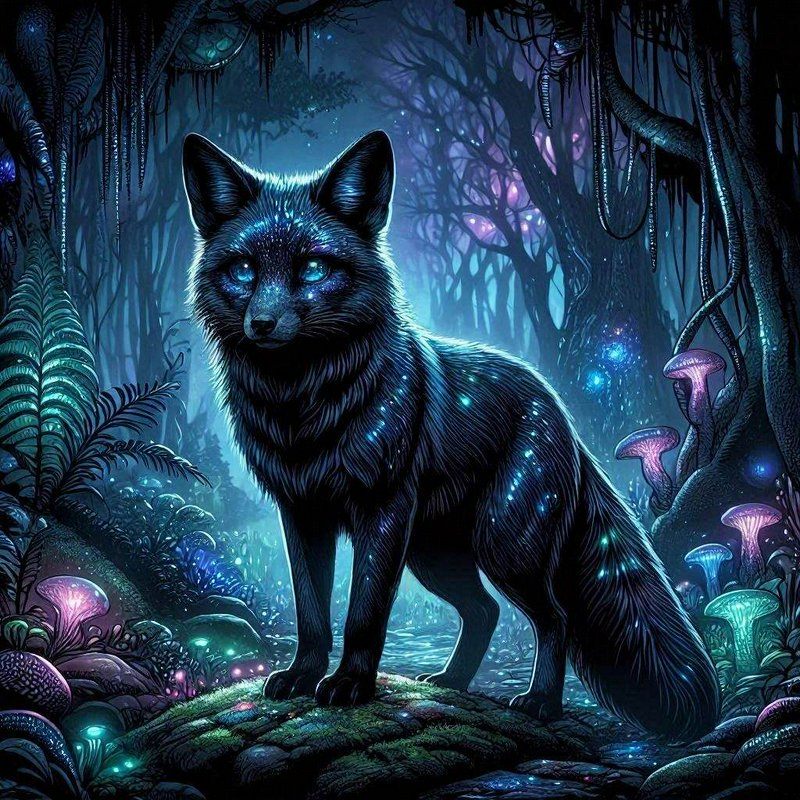 Mystical glowing black fox stands on moss in a bioluminescent enchanted fantasy forest with neon ...