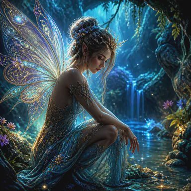 Ethereal fairy with ornate iridescent wings sits pensively by a glowing enchanted forest stream w...