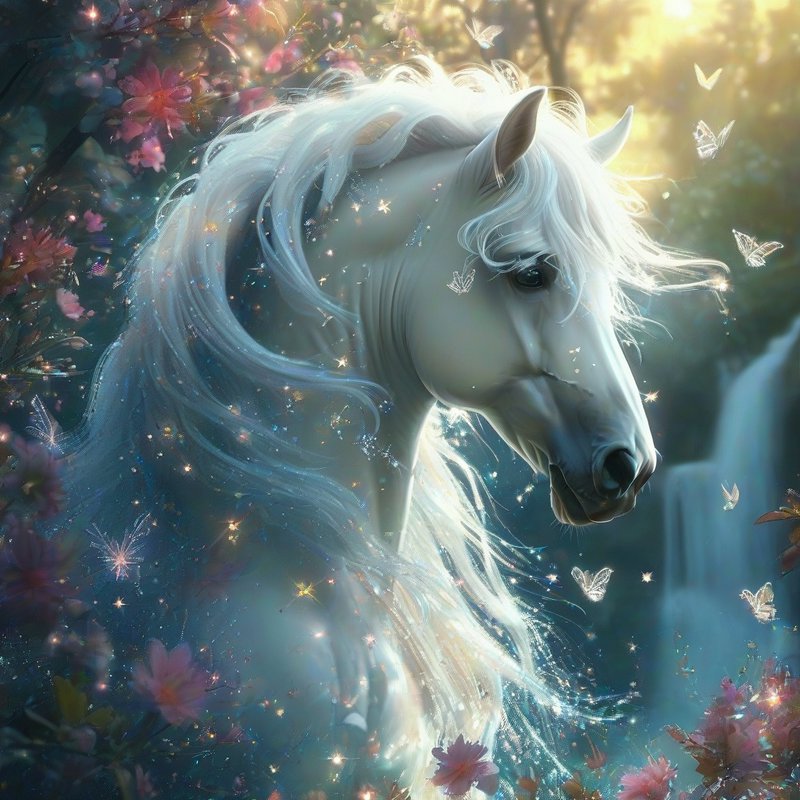 Ethereal white mythical unicorn with a glowing shimmering mane stands in a sunlit enchanted fores...