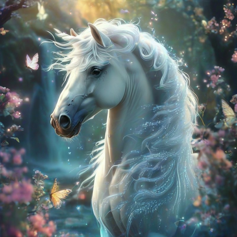 Ethereal white unicorn with glittering flowing mane stands in a magical sunlit forest surrounded ...