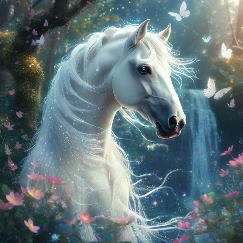 Ethereal glowing white fantasy horse in an enchanted forest surrounded by butterflies, pink wildf...
