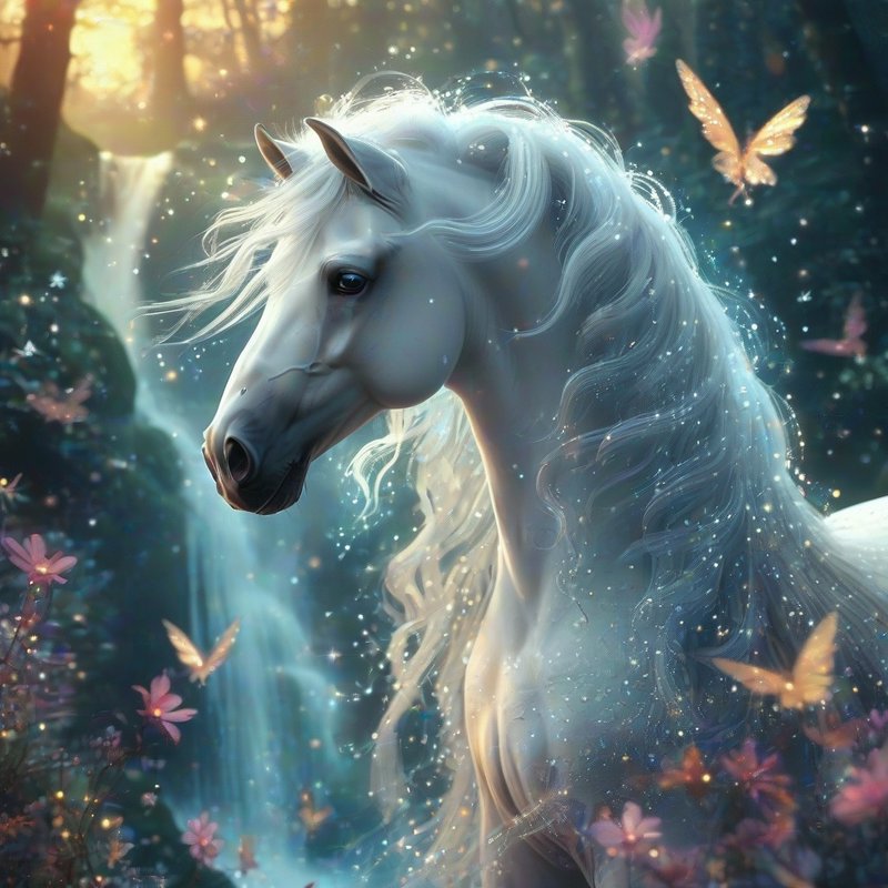 Majestic glowing white unicorn stands in an enchanted forest with butterflies, waterfall, and flo...