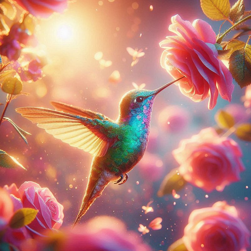 Iridescent teal hummingbird hovering mid-flight to feed from a pink rose, golden sunlit bokeh gar...