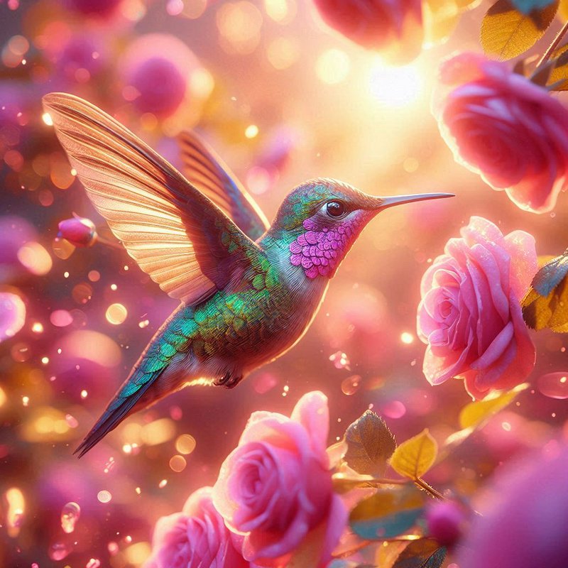 Iridescent green hummingbird hovers mid-flight beside pink roses, against a warm golden sunlit bo...
