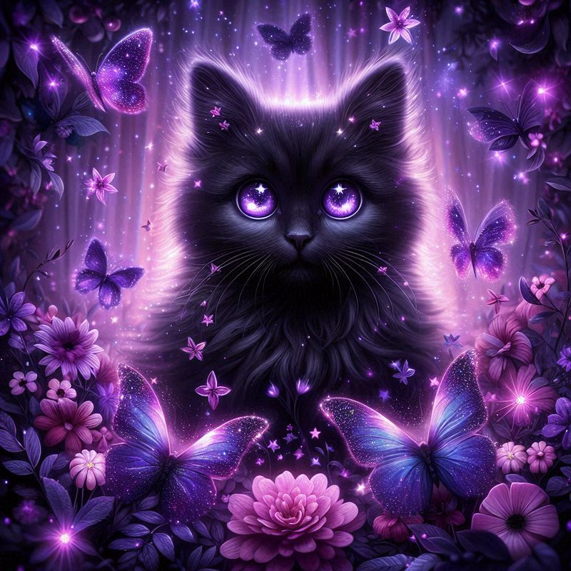Fluffy black fantasy cat with glowing starry purple eyes surrounded by sparkling butterflies and ...