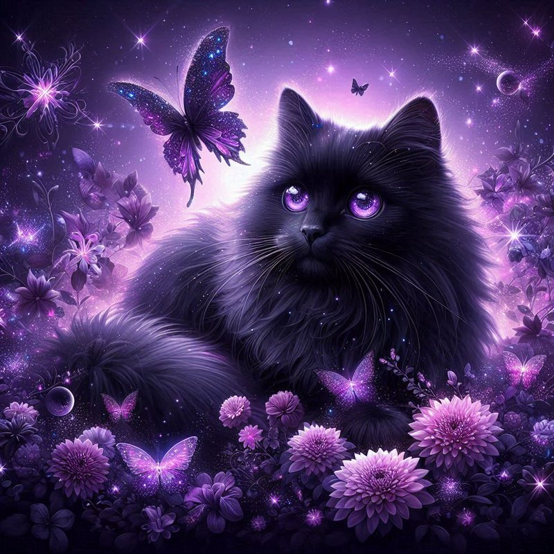 Fluffy long-haired black cat with glowing purple eyes sits among sparkly butterflies and magical ...