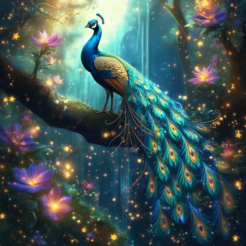 Majestic iridescent peacock perched on a mossy branch in a glowing enchanted forest with sparkles...