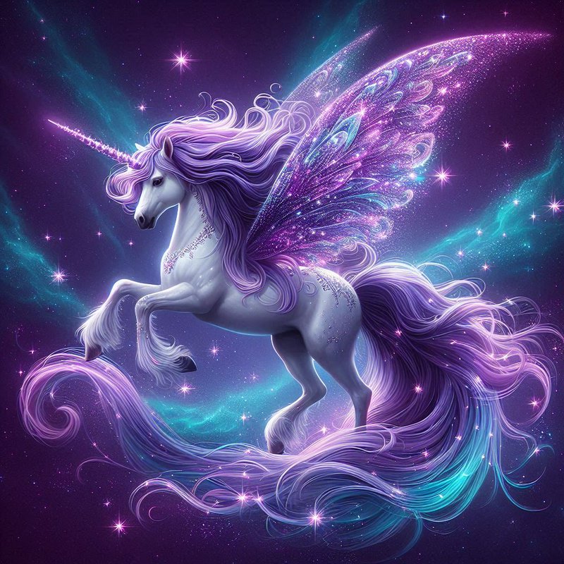 Glittering winged alicorn unicorn with flowing purple mane rears against a starry purple and teal...