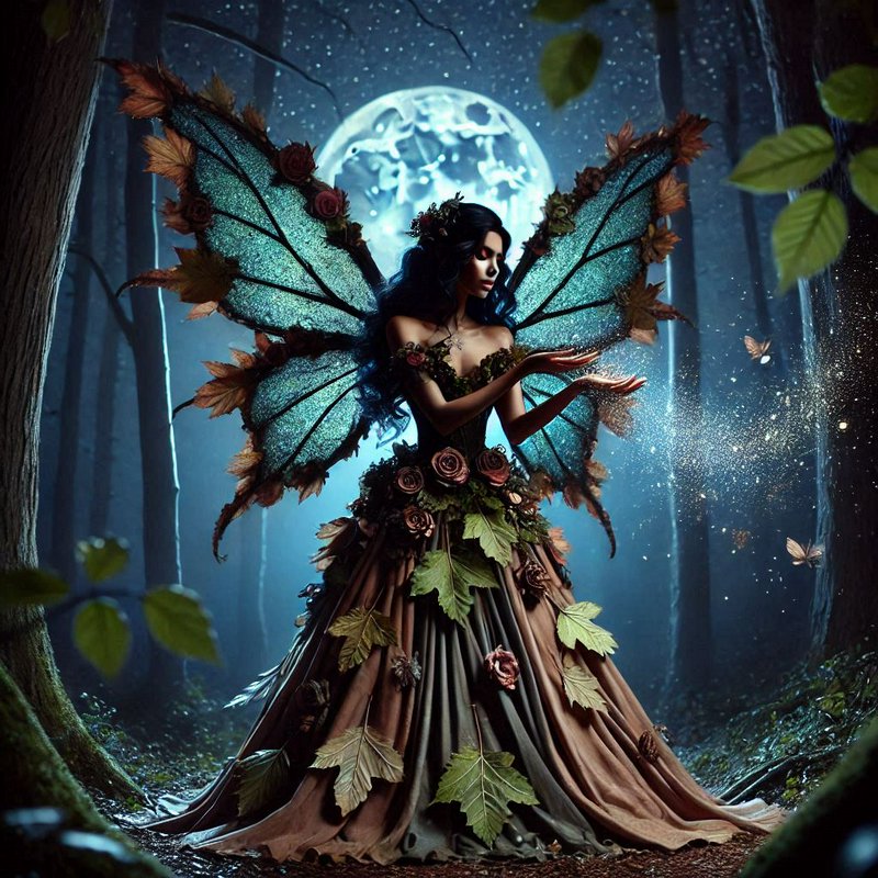 Gothic autumn fairy with glittering teal wings holds glowing fairy dust in a moonlit misty enchan...
