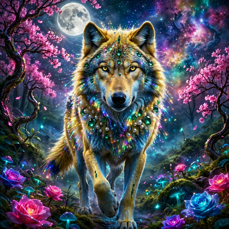 Jeweled glowing fantasy wolf standing in an enchanted moonlit cherry blossom forest under a cosmi...