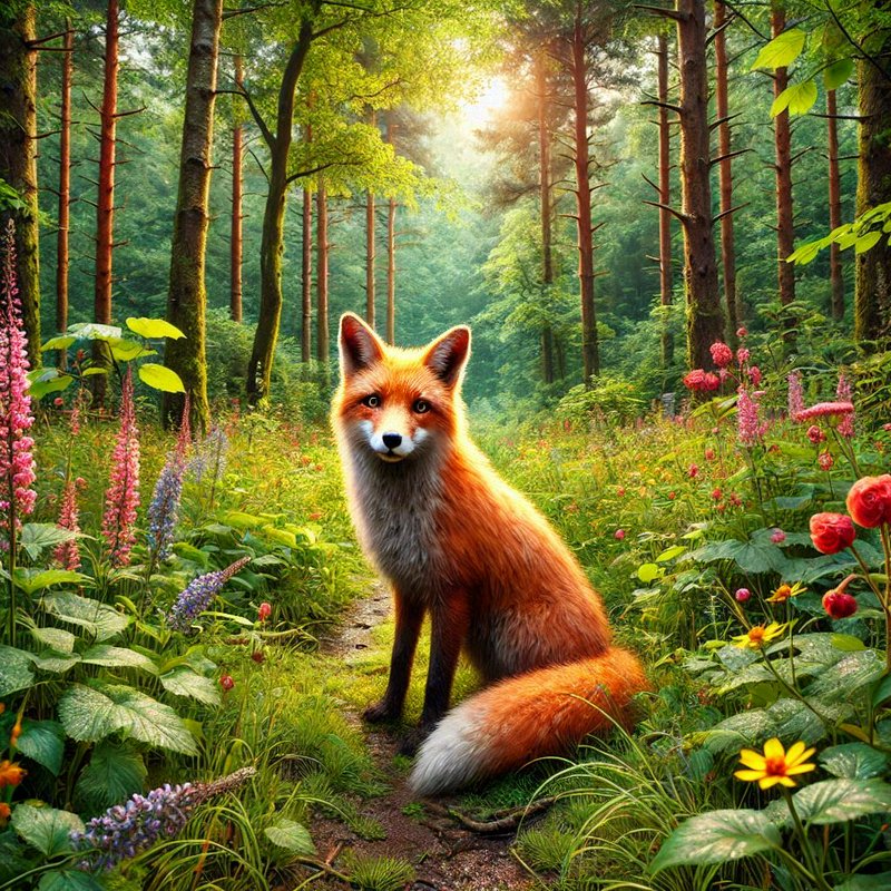 Vibrant red fox sits on a sunlit forest dirt path, surrounded by wildflowers, as golden sunrise f...