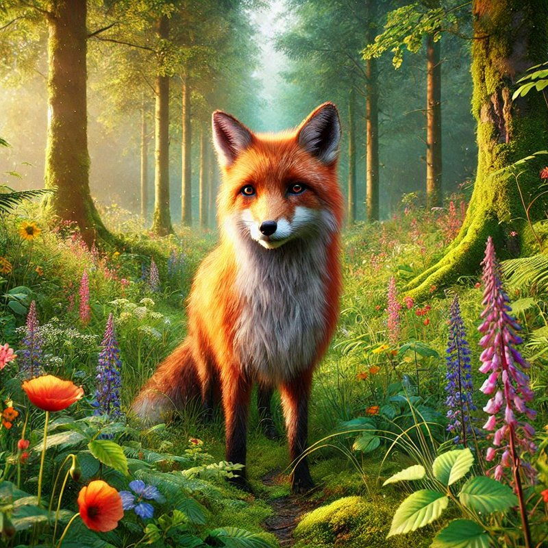 Alert fluffy red fox sitting on a mossy sunlit forest path surrounded by wildflowers in a misty w...