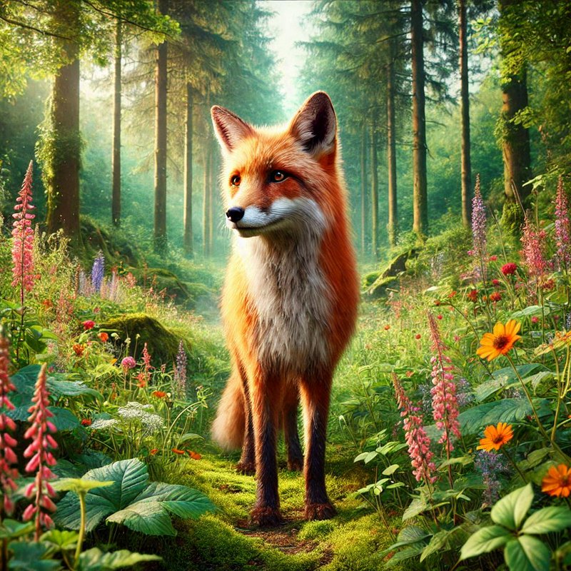 Majestic red fox standing on mossy sunlit forest path surrounded by vibrant wildflowers in misty ...