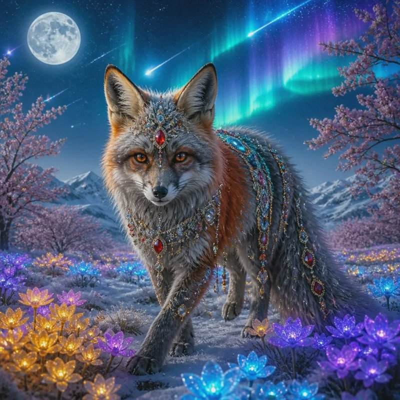 Regal jeweled fantasy fox stands in a glowing magical flower field beneath northern lights and a ...