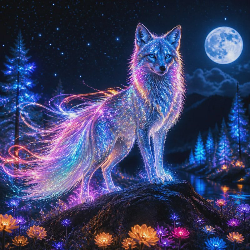 Iridescent glowing celestial fox stands on a rock in a bioluminescent enchanted forest under a st...