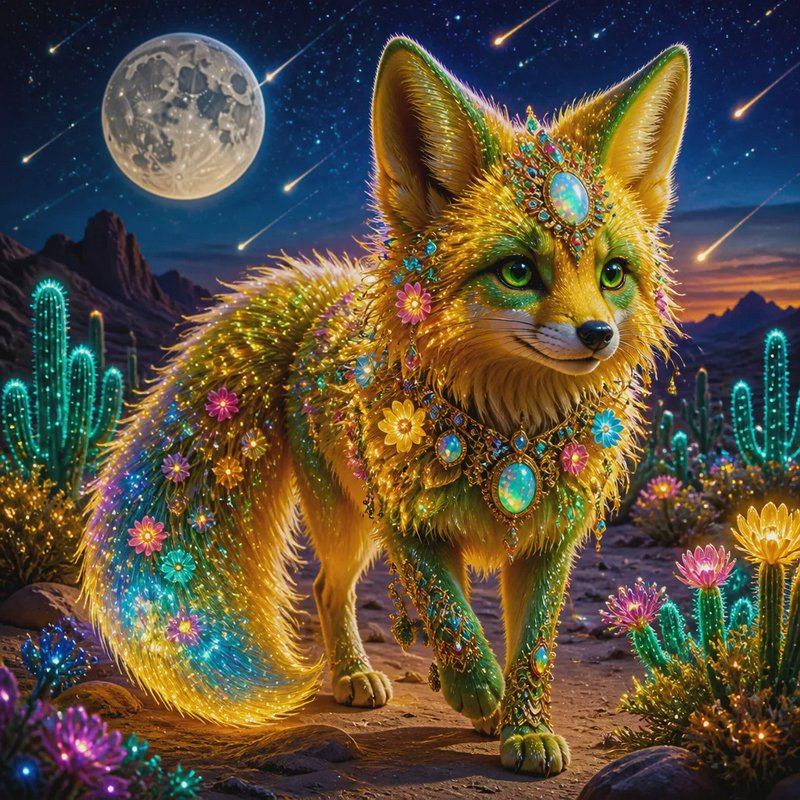 Enchanted jeweled fennec fox with glowing sparkly fur stands in a magical desert under a full moo...