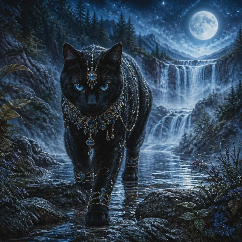 Jewel-encrusted black panther with bright blue eyes walks through a moonlit stream beneath a full...