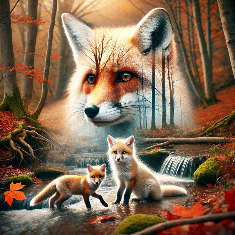 Double exposure spirit fox portrait above two red fox kits in an autumn forest stream